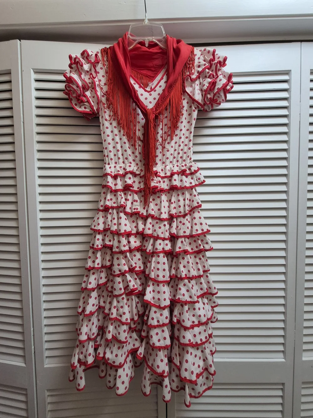 Vintage Red and White Polka Dot Flamenco Kids Costume Dress with Scarf